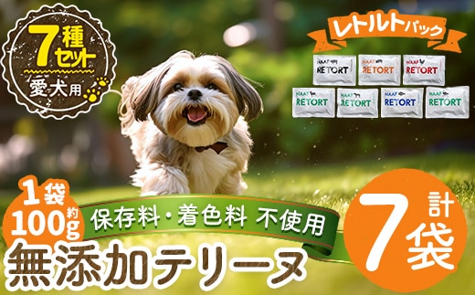 a1091-A ＜保存料・着色料 不使用＞愛犬用無添加テリーヌ レトルトパック 7種セット 計7袋(1袋約100g・合計約700g)【Nフードサービス】姶良市 牛 豚 鶏 鹿 馬 魚 ダチョウ テリーヌ 犬 ドッグ ペット フード エサ レトルト おやつ ごはん ご飯 間食 ご褒美