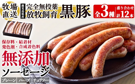a1111 ＜保存料・発色剤・結着材・合成着色料 無添加＞月ノ灯牧場直送！鹿児島県産黒豚ソーセージ3種盛り合わせ計12本(ソーセージ4本・ハーブソーセージ4本・チョリソー4本)【pig village company】 姶良市 国産 豚肉 黒豚 ソーセージ セット 鹿児島