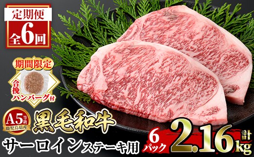 a853-F ＜期間限定！合挽ハンバーグ付＞【6回定期便】≪A5等級≫鹿児島県産黒毛和牛サーロイン2枚入り(6P計2.16kg) 【水迫畜産】姶良市 国産 牛肉 サーロインステーキ ステーキ ステーキ肉 和牛