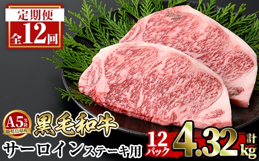 a853-G 【12回定期便】≪A5等級≫鹿児島県産黒毛和牛サーロイン2枚入り(12P計4.32kg) 【水迫畜産】姶良市 国産 牛肉 サーロインステーキ ステーキ ステーキ肉 和牛