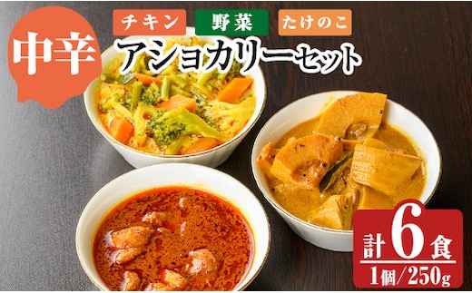 a975-B 《中辛》アショカリー6食セット(チキン2個・野菜2個・たけのこ2個)【スリランカかごしま】姶良市 レトルト レトルトカレー スパイスカレー スパイス スパイシー チキン 野菜 たけのこ 温めるだけ 簡単 常温