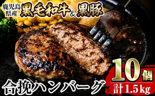 a842 黒毛和牛&黒豚合挽ハンバーグ計1.5kg(150g×10個)(トレー無しSDGs)【水迫畜産】国産 鹿児島県産 肉 牛肉 牛 豚肉 豚 総菜 冷凍ハンバーグ ハンバーグ おかず 焼くだけ 簡単 冷凍 個包装 小分け パック 一人暮らし
