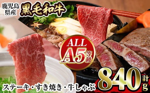 a839 ≪ALL！A5等級≫鹿児島県産黒毛和牛赤身ステーキ・モモすき焼き・モモしゃぶしゃぶの詰め合わせセット (計840g)【水迫畜産】国産 鹿児島産 黒毛和牛 お肉 肉 牛肉 ステーキ すき焼き しゃぶしゃぶ