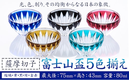 薩摩切子「富士山盃5色揃え」(金赤・黄・緑・瑠璃・黒) 薩摩びーどろ工芸株式会社《90日以内に出荷予定(土日祝除く)》鹿児島県 さつま町 送料無料 伝統工芸 切子 さつま切子 薩摩切子 切子 盃 酒器---stm-sbr-2-1p---