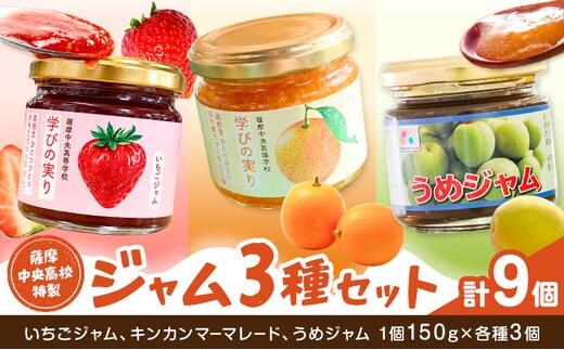ジャム セット いちご キンカン マーマレード うめ 3種セット 薩摩中央高校特製 計9個 (150g×各種3個ずつ) さつま町観光特産品協会《30日以内に出荷予定(土日祝除く)》鹿児島県 さつま町 高校生 ご当地グルメ お取り寄せ イチゴジャム 金柑 梅 加工品---stm-skk-26-9k---