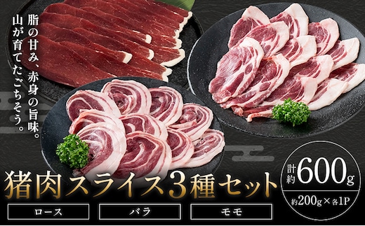 猪肉 スライス 3種セット ロース バラ モモ 計約600g 約200g×各1P ダブルビーゼット株式会社 (さつまのジビエファクトリー) 《30日以内に出荷予定(土日祝除く)》鹿児島 国産 九州産 ジビエ 冷凍 鹿児島県 さつま町 イノシシ 猪---stm-dbs-2-600g---