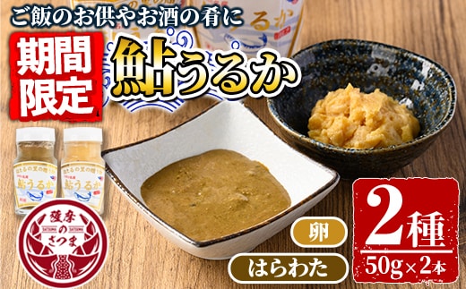 s569 ＜期間・数量限定＞鮎うるか2種(計2本・卵×1本、はらわた×1本・各50g) 塩辛 うるか にがうるか おつまみ 珍味 発酵食品 あゆ アユ 魚 魚介 川魚 内臓 はらわた 【しもむぎ】