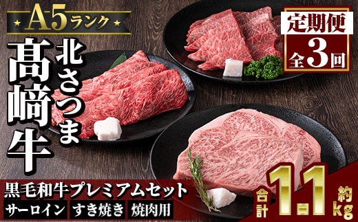 s702 ＜定期便・全3回＞鹿児島県産 北さつま高崎牛 プレミアムセット (合計約1.1kg) 黒毛和牛 牛肉 A5ランク A5等級 ステーキ サーロイン 霜降り サシ 赤身 すきやき すき焼き しゃぶしゃぶ 焼肉 セット 真空パック 冷凍 【太田家】