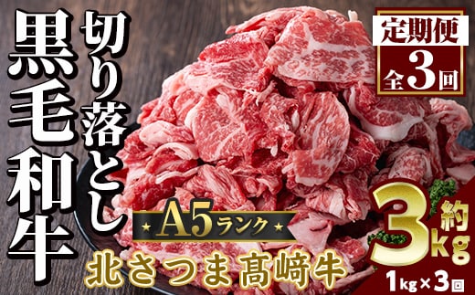 s700 ＜定期便・全3回＞鹿児島県産 北さつま高崎牛 切り落とし肉(計3kg(約500g×2P×3回) 国産 九州産 黒毛和牛 A5ランク A5等級 赤身 雌牛 切落し 切り落し 切落とし 牛肉 小分け お肉 真空パック 冷凍 【太田家】