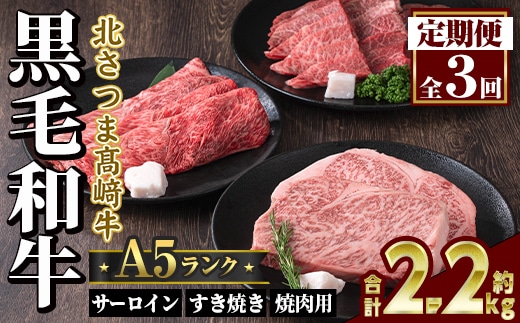 s717 ＜定期便・全3回＞鹿児島県産 北さつま高崎牛 プレミアムセット (合計約2.2kg) 黒毛和牛 牛肉 A5ランク A5等級 ステーキ サーロイン 霜降り サシ 赤身 すきやき すき焼き しゃぶしゃぶ 焼肉 セット 真空パック 冷凍 【太田家】