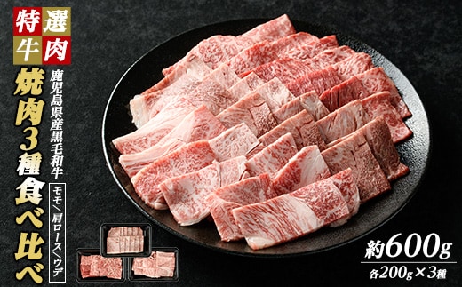 鹿児島県産黒毛和牛 焼肉セット 食べ比べ 3種 (計600g・各200g) モモ 肩ロース ウデ【ナンチク】nanchiku-7258
