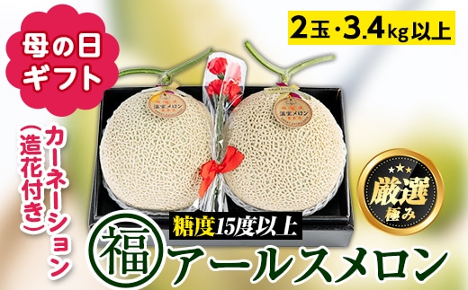 【0281113a-M】＜母の日ギフト・数量限定＞高級アールスメロン(大玉2玉・計3.4kg以上、カーネーション(造花)付) メロン フルーツ 果物 果実 3キロ 数量限定 期間限定 贈答 贈り物 母の日【マル福園芸組合】