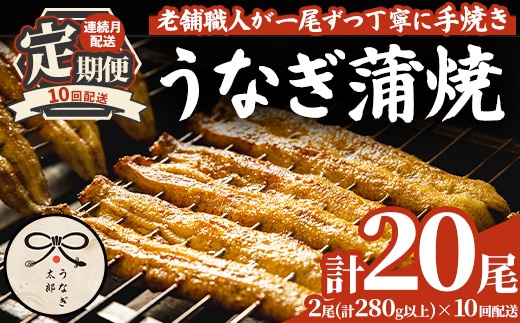 【2603708b】＜定期便・全10回(連続)＞鹿児島県産東串良町のうなぎ蒲焼(2尾・計280g以上・秘伝のタレ付き×10回) うなぎ 高級 ウナギ 鰻 国産 蒲焼 蒲焼き たれ 鹿児島【うなぎ太郎】