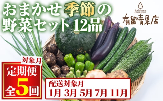 【75956】＜定期便・全5回＞自慢の農家×老舗青果店の新鮮でおいしいおまかせ野菜便(12品×5回)野菜 セット 詰合せ 詰め合せ【有留青果】