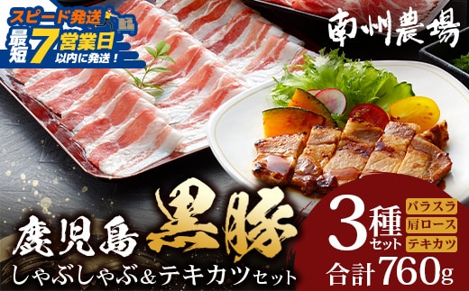 【スピード発送】鹿児島県産 黒豚 しゃぶしゃぶ＆テキカツセット 3種 セット 約760g（肩ローススライス200g×2・バラスライス200g×2・ローステキカツ90g×4） NS-503 ｜鹿児島県 南大隅町