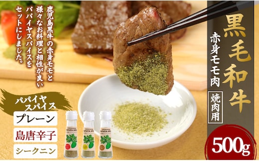 黒毛和牛 赤身モモ肉 焼肉用 500g パパイヤスパイス 40g×3種セット 牛肉 もも肉 バーベキュー