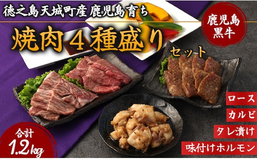 徳之島 天城町産 鹿児島育ち 鹿児島黒毛和牛 焼肉セット 4種盛り 合計1.2kg ロース カルビ 味付け ホルモン たれ漬け 各300g